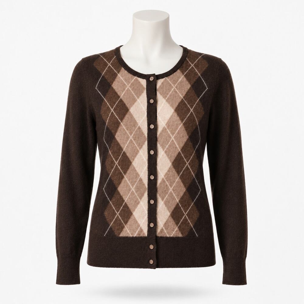 Y2k APT 9 Cashmere Sweater Medium Brown Argyle Button Up Cardigan VNTG Preppy